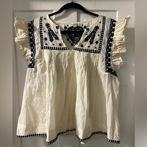 Solitaire Cotton Cream and Navy  Embroidered Flutter-Sleeve Top